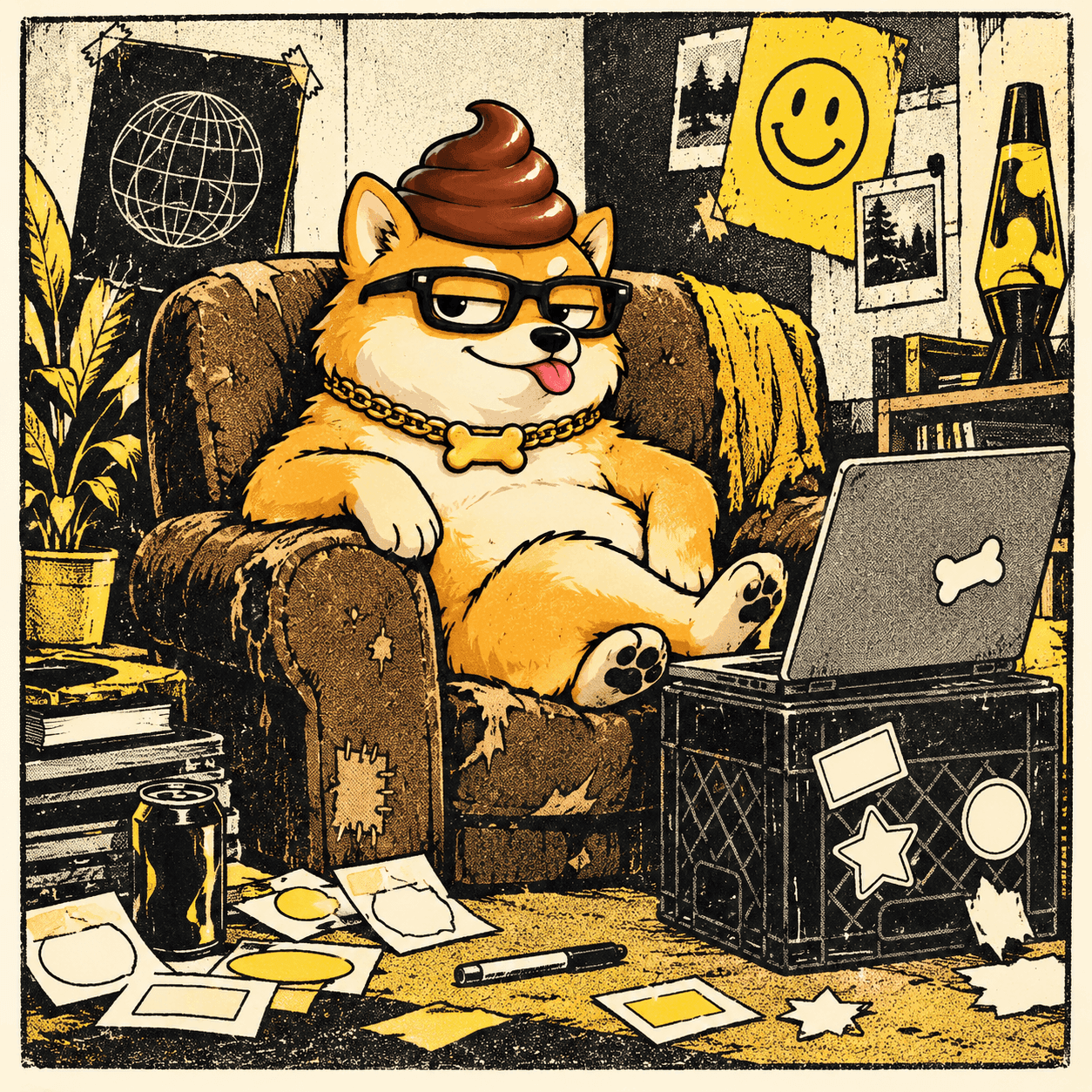 Dogshit relaxing in his clubhouse armchair beside a laptop