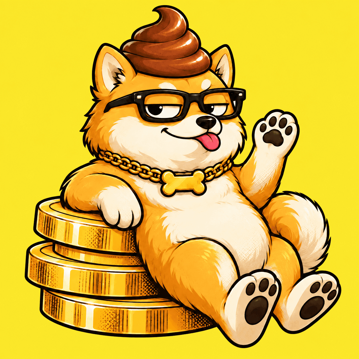 Dogshit lounging on gold coins, waving with a cheeky grin
